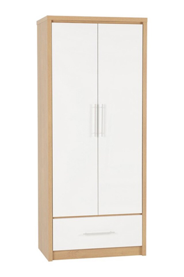 image 1 of Seville 2 Door 1 Drawer Wardrobe - L47 x W76 x H180 cm - White High Gloss/Light Oak Effect Veneer | White