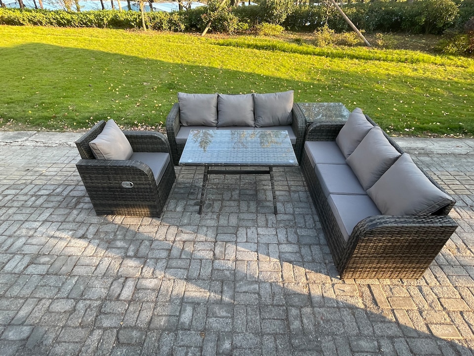 image 1 of Fimous Outdoor Lounge Sofa Set Wicker PE Rattan Garden Furniture Set with Rectangular Dining Table Reclining Chair Side Table Dark Grey Mixed