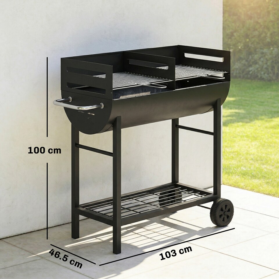 image 1 of Outsunny Charcoal Barbecue Grill with 2 Cooking Areas, Wheels, Side Handle