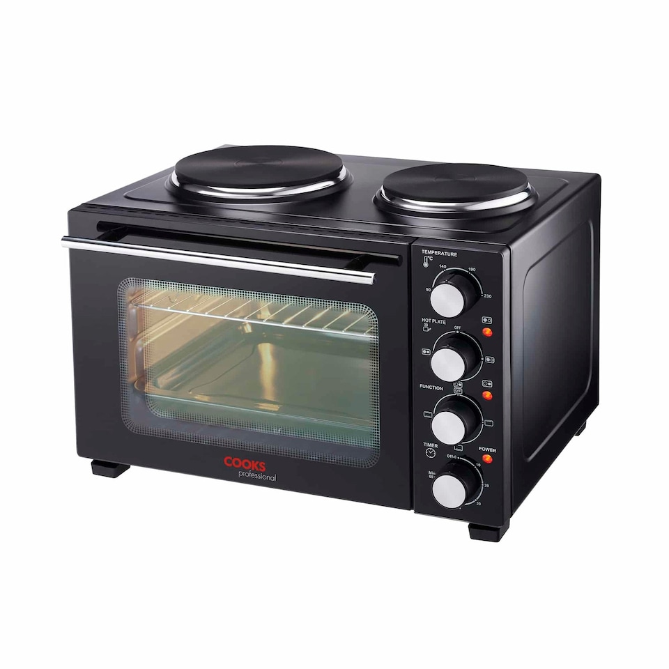 image 1 of Cooks Professional 28L Mini Oven with 2 Hobs - Electric Multifunction Countertop Cooker | Black | Black & Silver