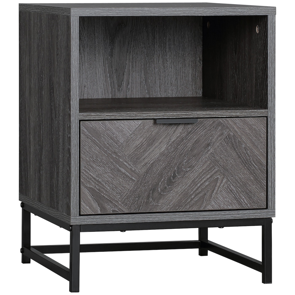 image 1 of HOMCOM Bedside Table with Drawer and Shelf, Side End Table with Steel Legs for Living Room, Bedroom, Dark Grey