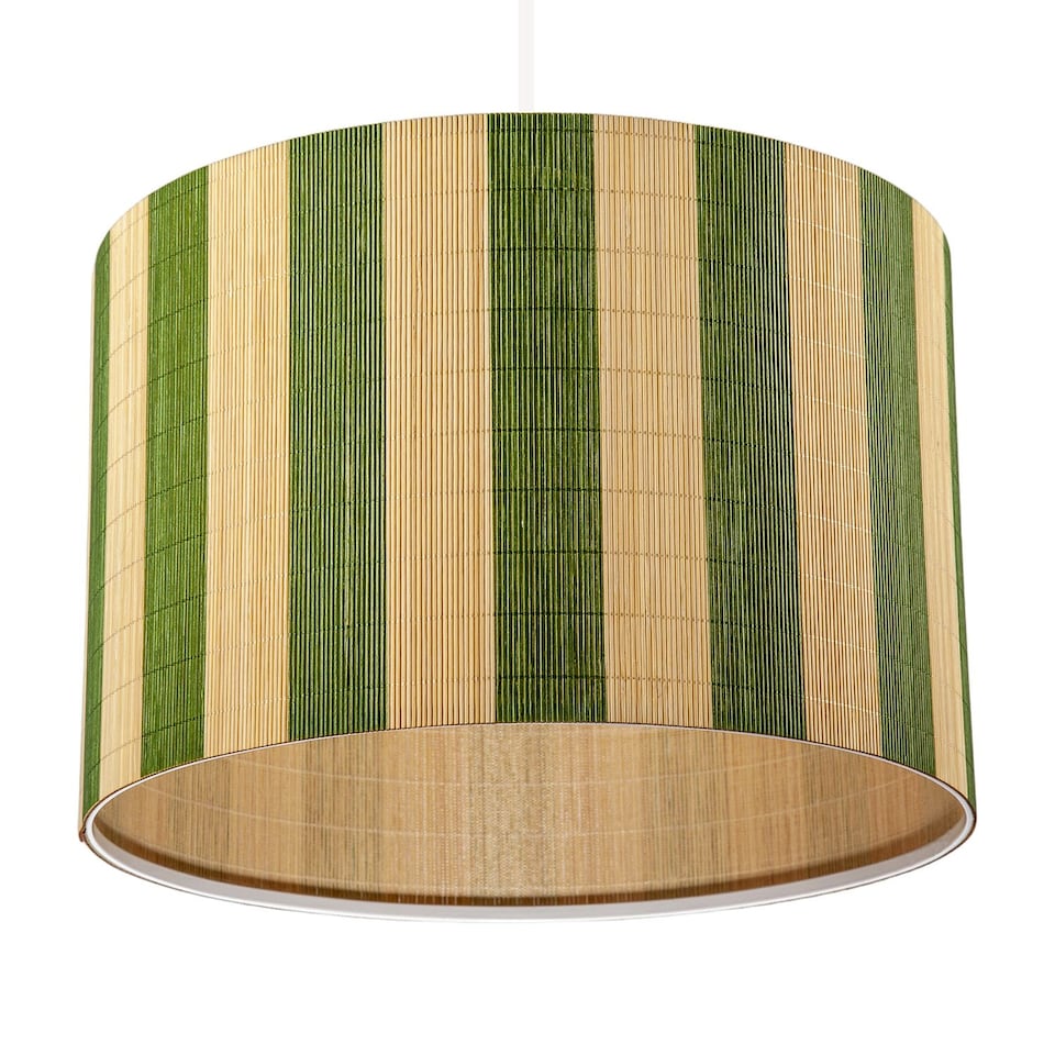 image 1 of Chic Natural Brown Bamboo Lamp Shade with Garden Olive Green Stripes
