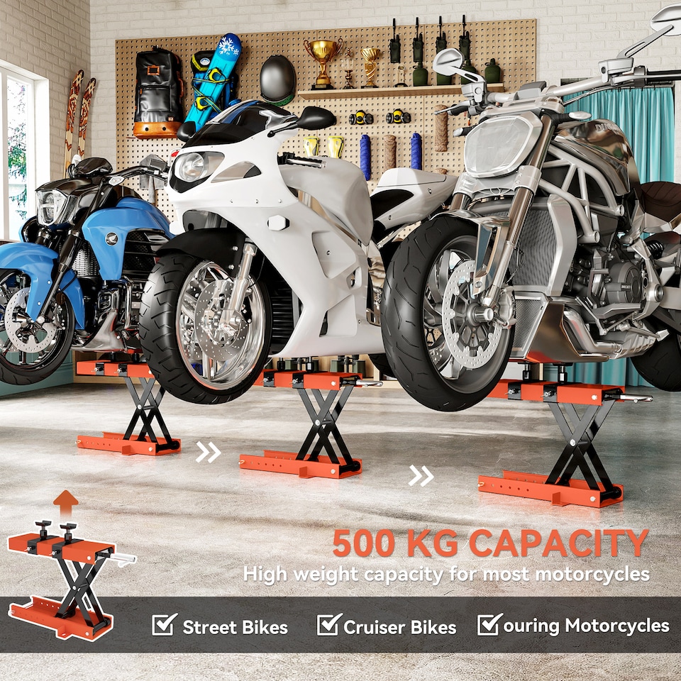 image 1 of HOMCOM 500 kg Motorcycle Scissor Lift Jack, Heavy Duty Steel Adjustable Motorbike Lifting Hoist Stand with Safety Pin, Foldable Lifter for Dirt Bike Repair Maintenance, 45x15 cm Large Platform, Orange