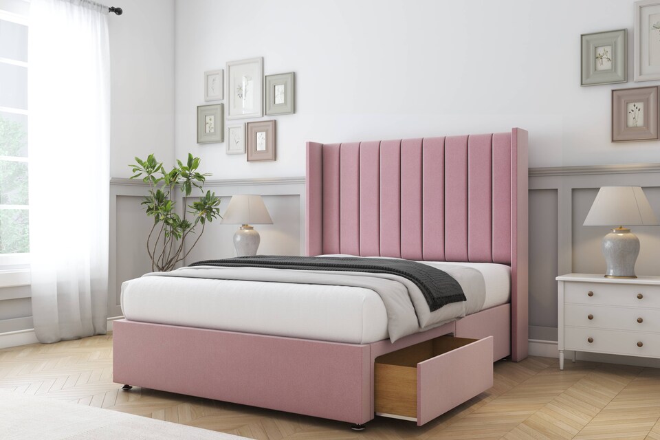 image 1 of Sloomy Falcon Pink Plush Divan Bed With Mattress 2 Drawers Footend With 54" Wingback Headboard 4' Small Double | Pink | Pink | Small Double | 1