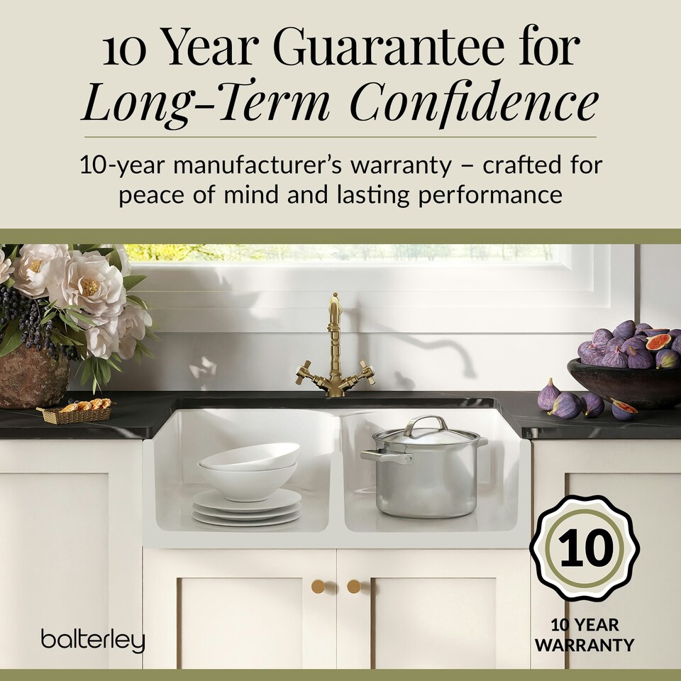 image 1 of Fireclay Kitchen Bundle - 2 Bowl Stepped Weir Butler Sink, Wastes & French Classic Tap, 795mm - Brushed Brass