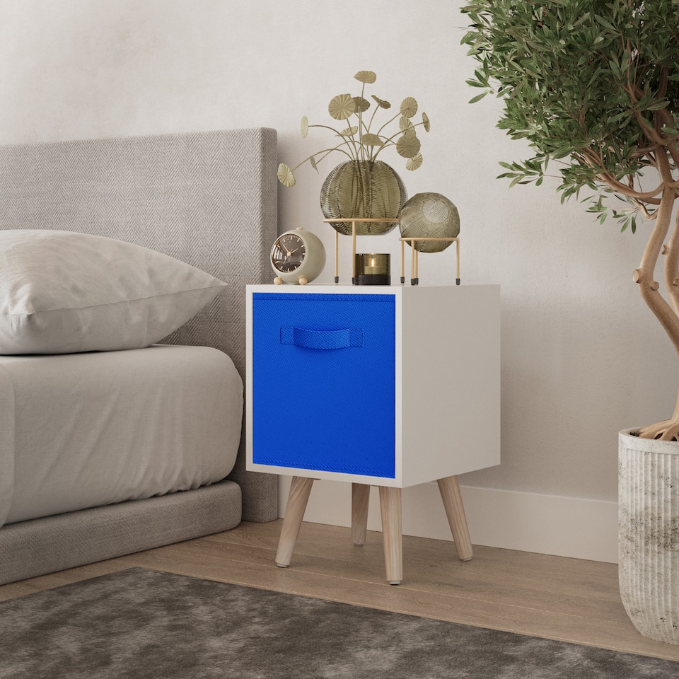 image 1 of White 1-Drawer Cube Shelving Unit with Scandinavian Legs | Blue | Dark Blue & Pine | 1