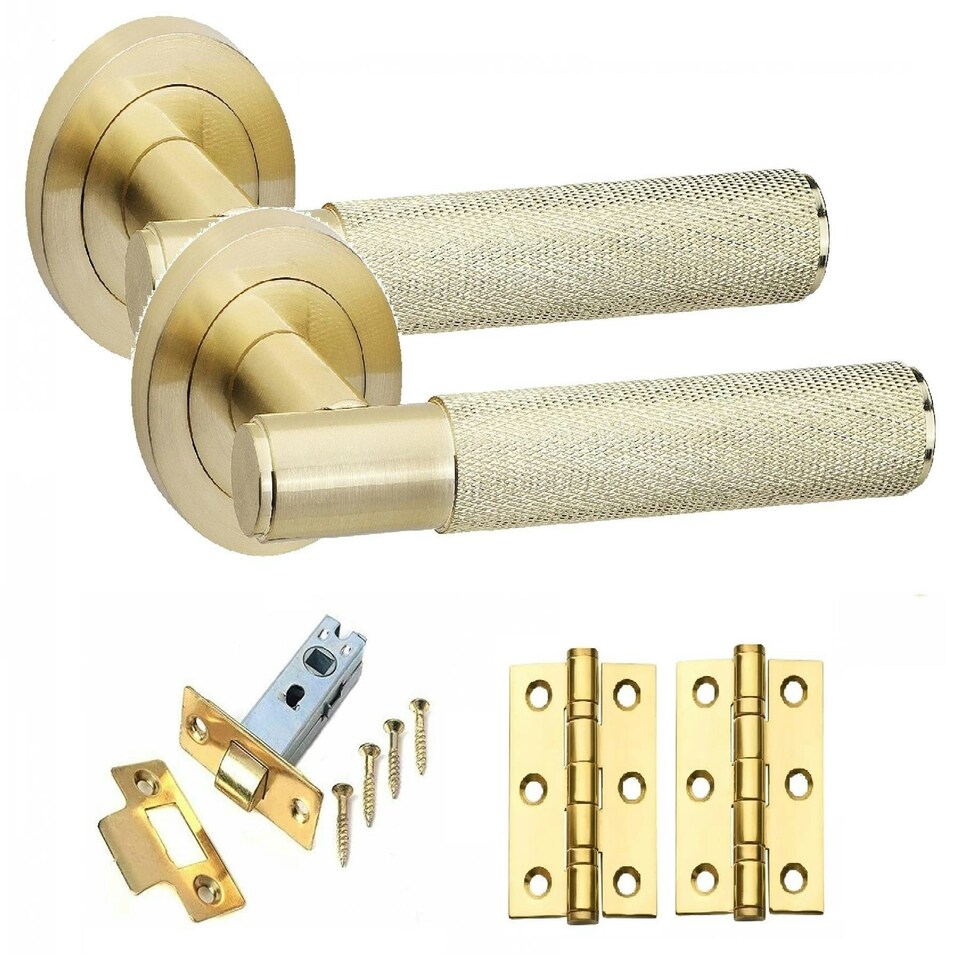 image 1 of Golden Grace 1 Set Knurled T-Bar Door Handles in Satin Brass Finish with Latch and Ball Bearing Hinges Gold