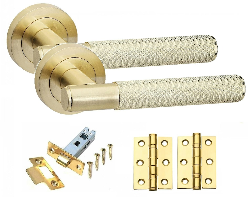 image 1 of Golden Grace 1 Set Knurled T-Bar Door Handles in Satin Brass Finish with Latch and Ball Bearing Hinges | Gold | 1 Set
