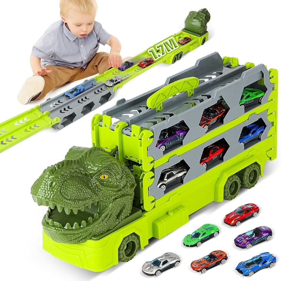 image 1 of Portable Dinosaur Race Track Truck Toy Car Transport Carrier Play Set with 6 Racing Cars – Educational and Storage Toy for Kids