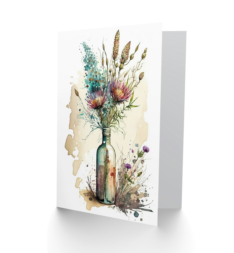 image 1 of Spring Flower Bouquet Wine Bottle Vase Nature Birthday Card