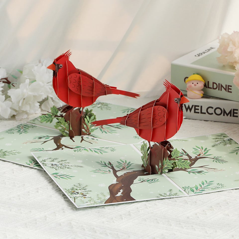 image 1 of Red Cardinal Charm 3D Pop Up Greeting Card
