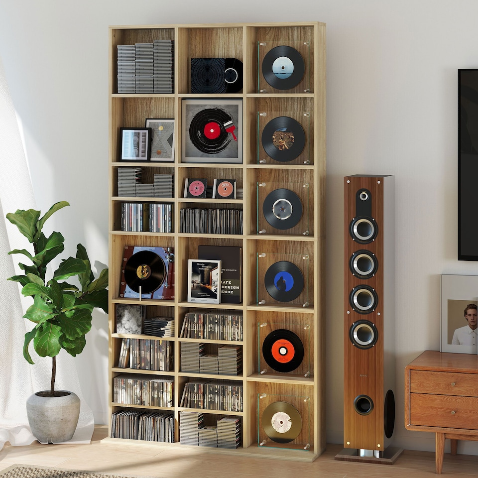 image 1 of HOMCOM 1116 CD/ 528 DVD Storage Unit, Media Storage Shelf, Wooden Display Unit with Adjustable Shelves, 102 x 195 cm, Oak Tone | White