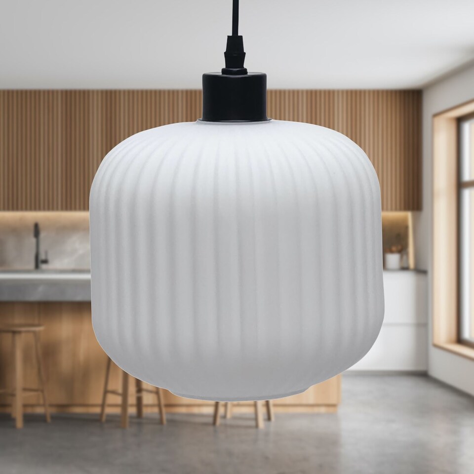 image 1 of Bento - White Ribbed Glass with Black Pendant Fitting | Black | White | 1