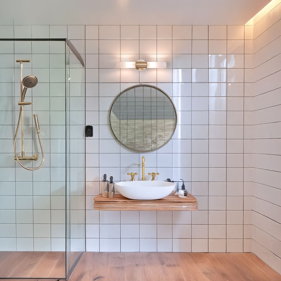 image 1 of Modern Brass IP44 Rated Bathroom Wall Light Fitting with Tubular Glass Shades | Gold
