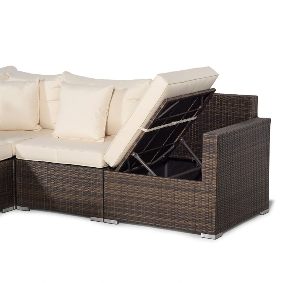 image 1 of Santorini U Shape Modular 10 Seat Rattan Sofa Set With Armrest Drinks Cooler, 2 Coffee Tables & 4 Stools Brown | Ivory
