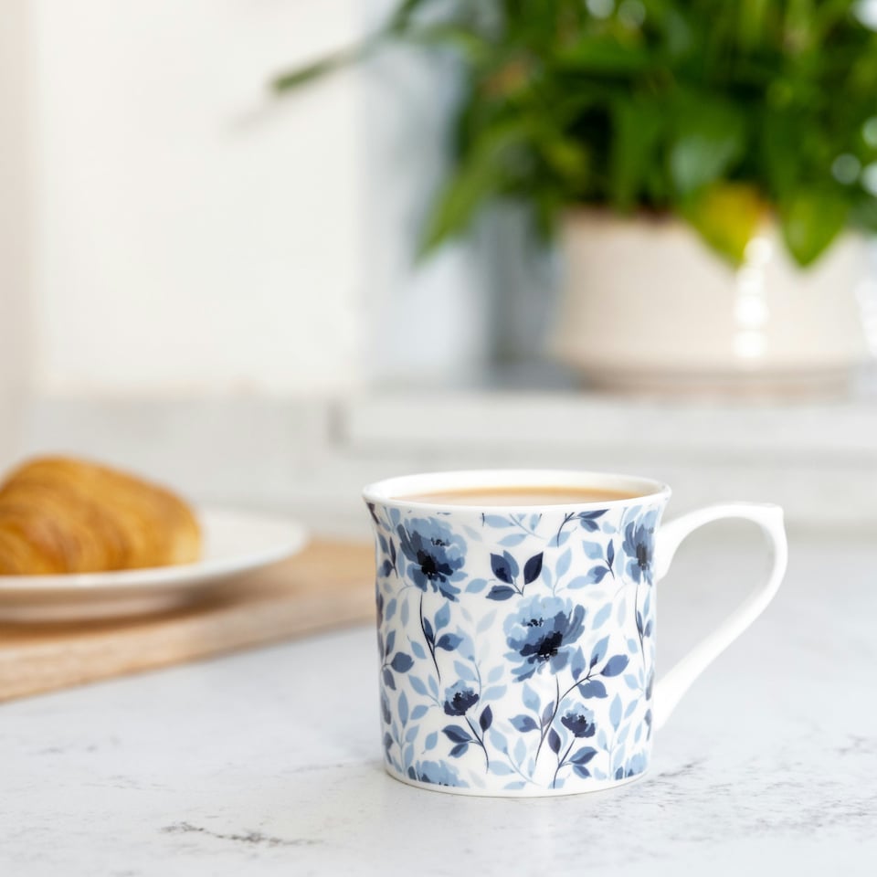 image 1 of KitchenCraft Fluted China Blue Rose Mugs | Blue