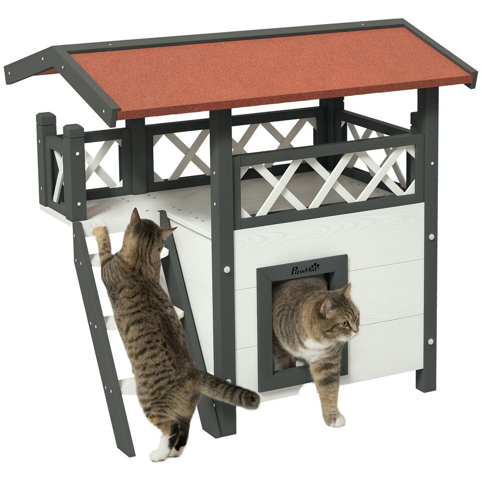 image 1 of PawHut Outdoor Cat House w/ Balcony Stairs Roof, White