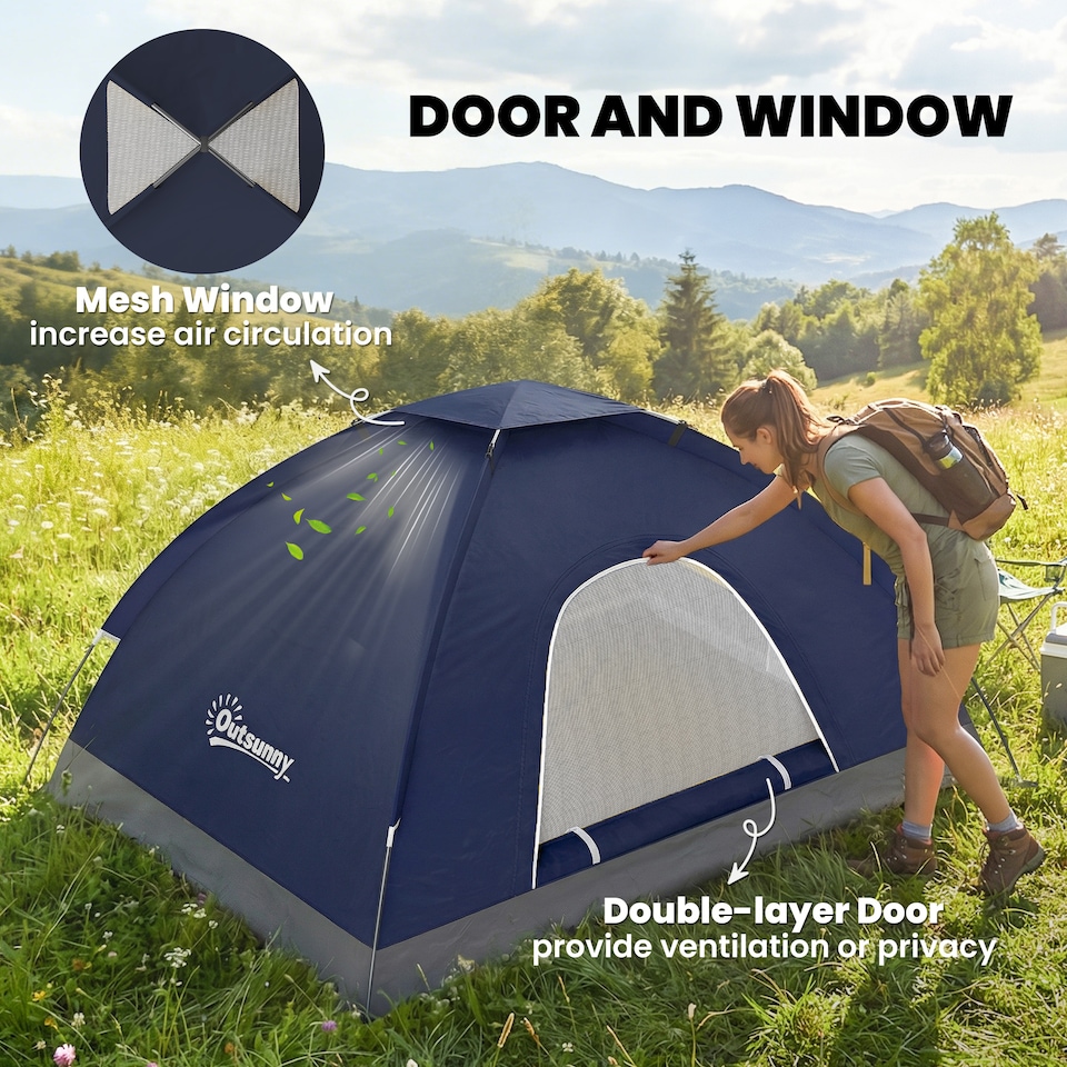 image 1 of Outsunny 2 Person Camping Tent, Dome Tent with Storage Pocket | Blue | Navy Blue | 206 x 152 x 110 cm