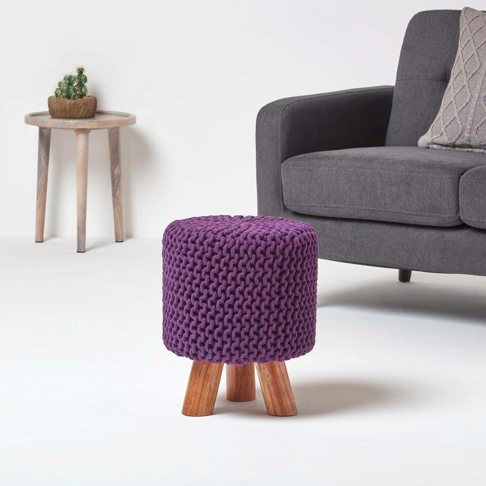 image 1 of Homescapes Deep Purple Tall Cotton Knitted Footstool on Legs