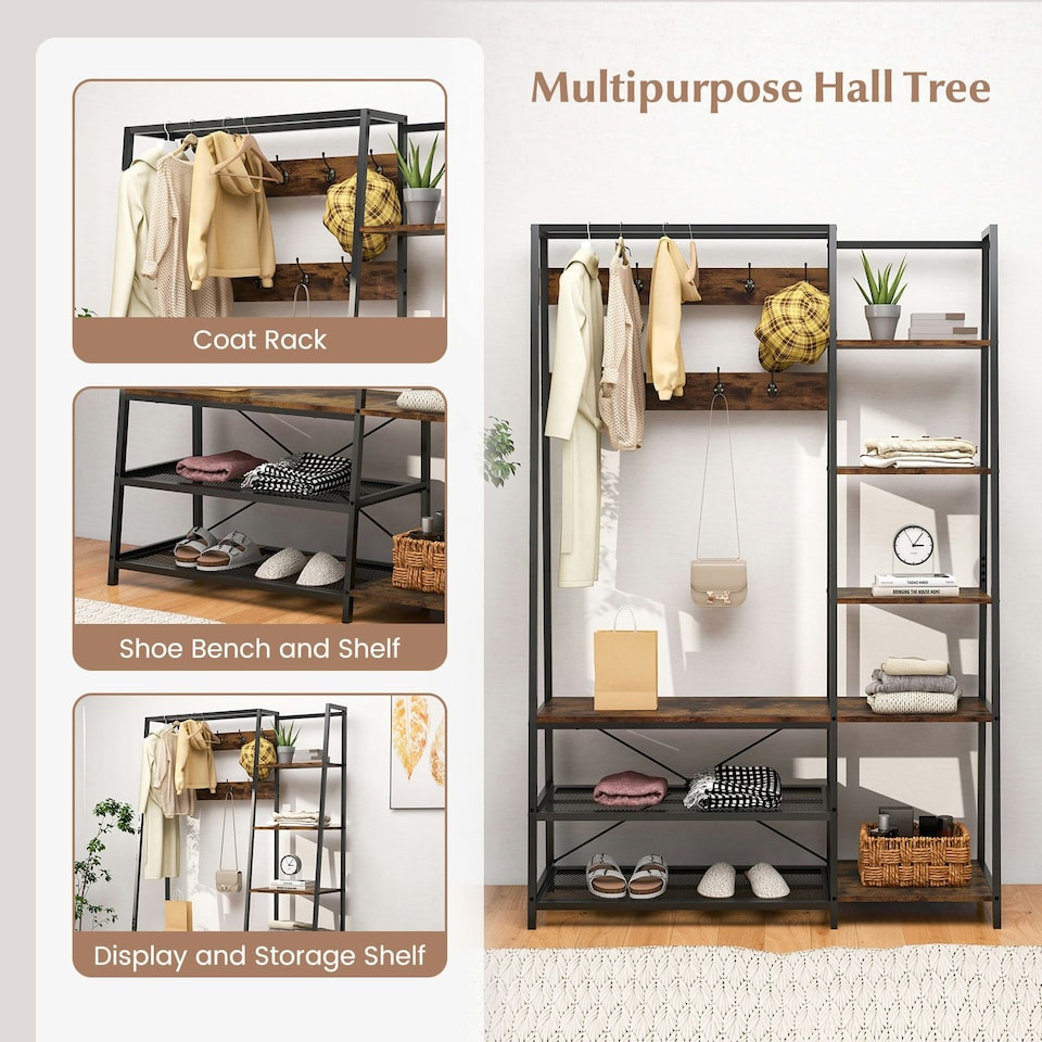 image 1 of COSTWAY 5-in-1 Entryway Bench Industrial Coat Rack with 9 Hooks Brown | One Size