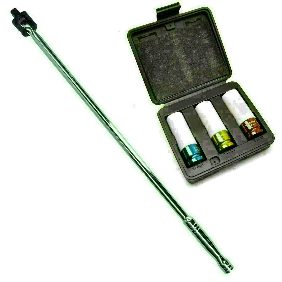image 1 of 1/2" Drive 24" Breaker Bar Plus 3 Metric Alloy Wheel Nut Sockets 17 19 21mm