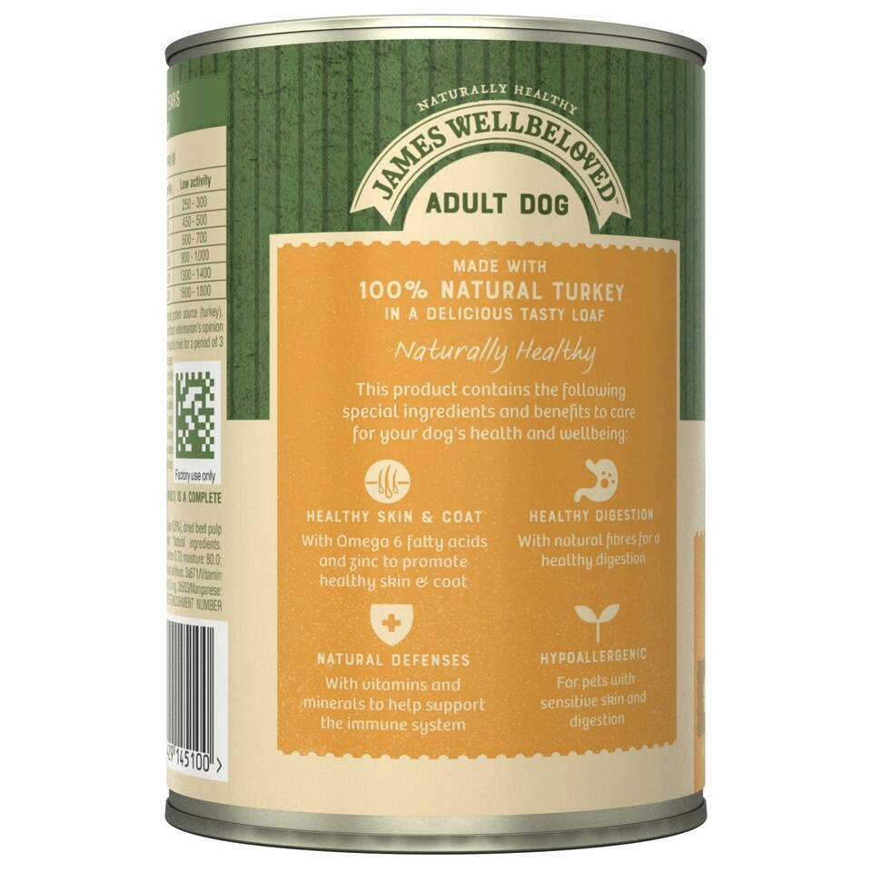 image 1 of James Wellbeloved Adult Wet Dog Food Tins Turkey & Rice in Loaf 12 x 400g
