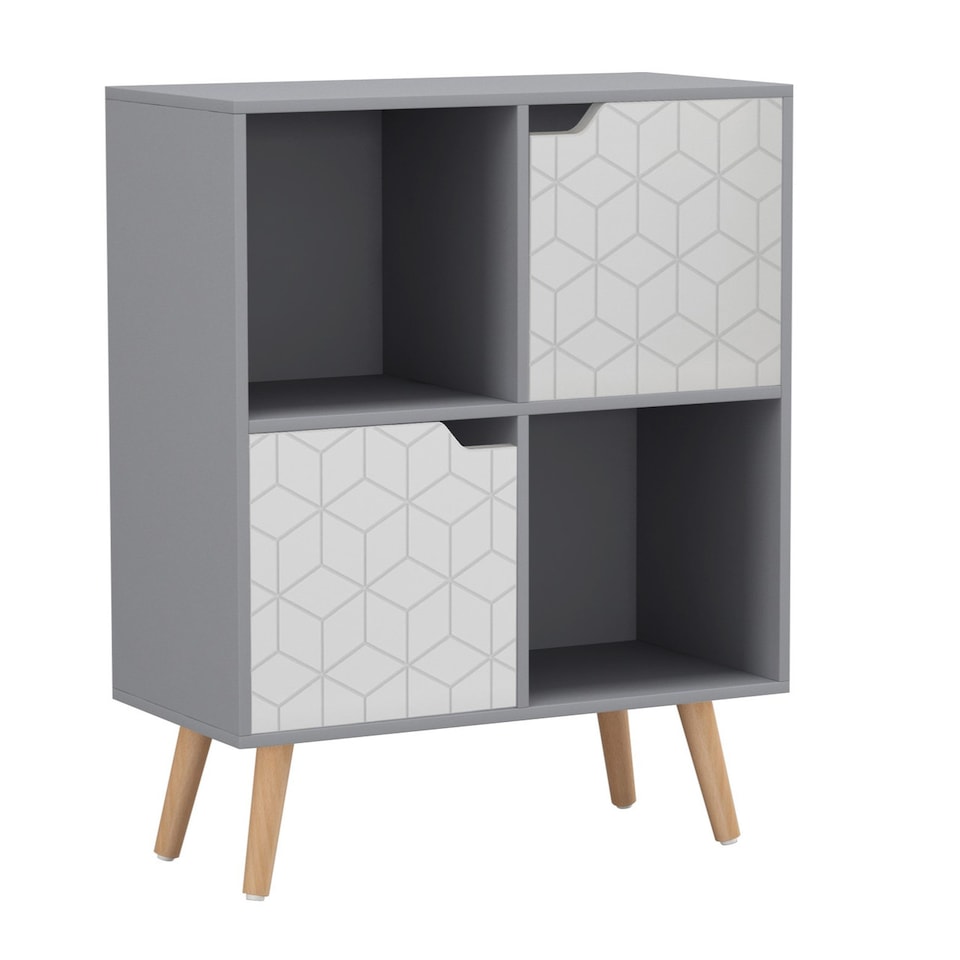 image 1 of Grey 4-Cube Storage Unit with 2 Geo Doors and Legs | White | White & Beech | 1