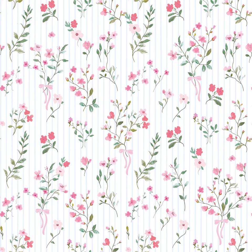 image 1 of Floral Pinstripe Wallpaper in Pink and Blue | Pink | Pink | 50cm x 10m