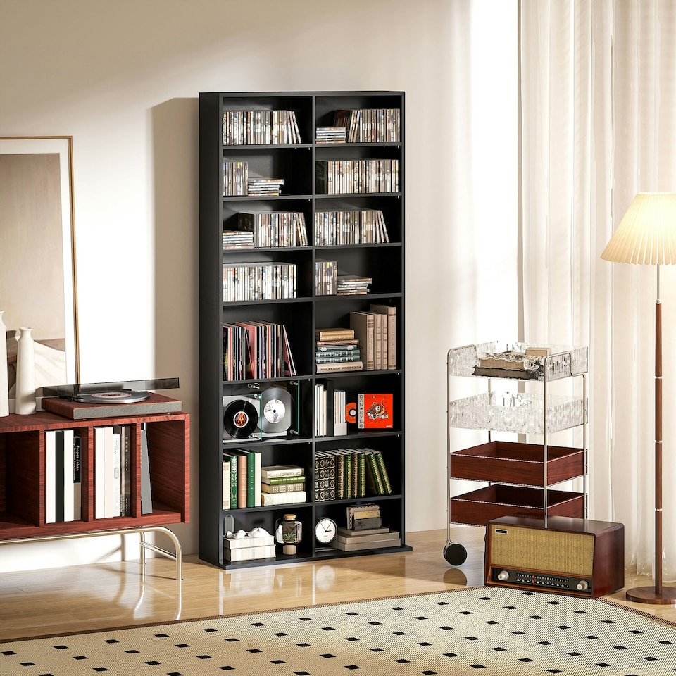 image 1 of HOMCOM 640 CD360 DVD Storage Unit, Blu-ray Media Storage Shelf with 18 Compartments and 14 Adjustable Shelves, CD Tower for Living Room, Bedroom, Office, White