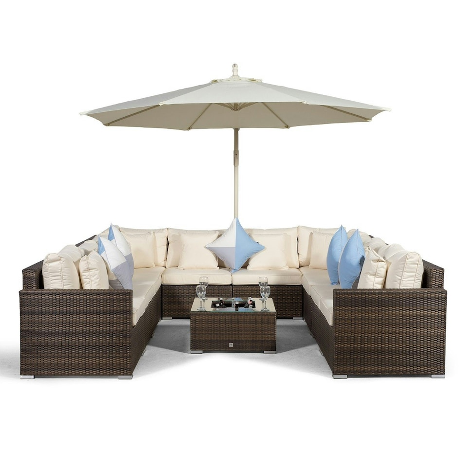 image 1 of Havana 10 Seat Rattan Sofa Conversation Set with Ice Bucket Coffee Table Brown | Ivory