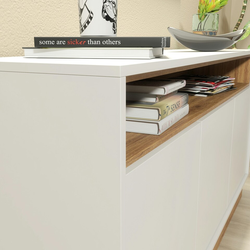 image 1 of White and Oak Sideboard 155cm – Modern Cabinet with Open Shelf | White