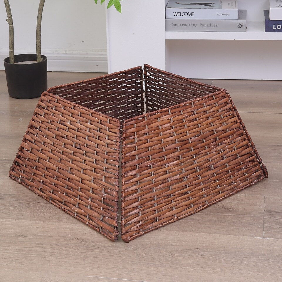 image 1 of 47cm Square Christmas Tree Skirt Stand Decorative Base Festive Xmas PVC Rope | Multi | Brown | 1