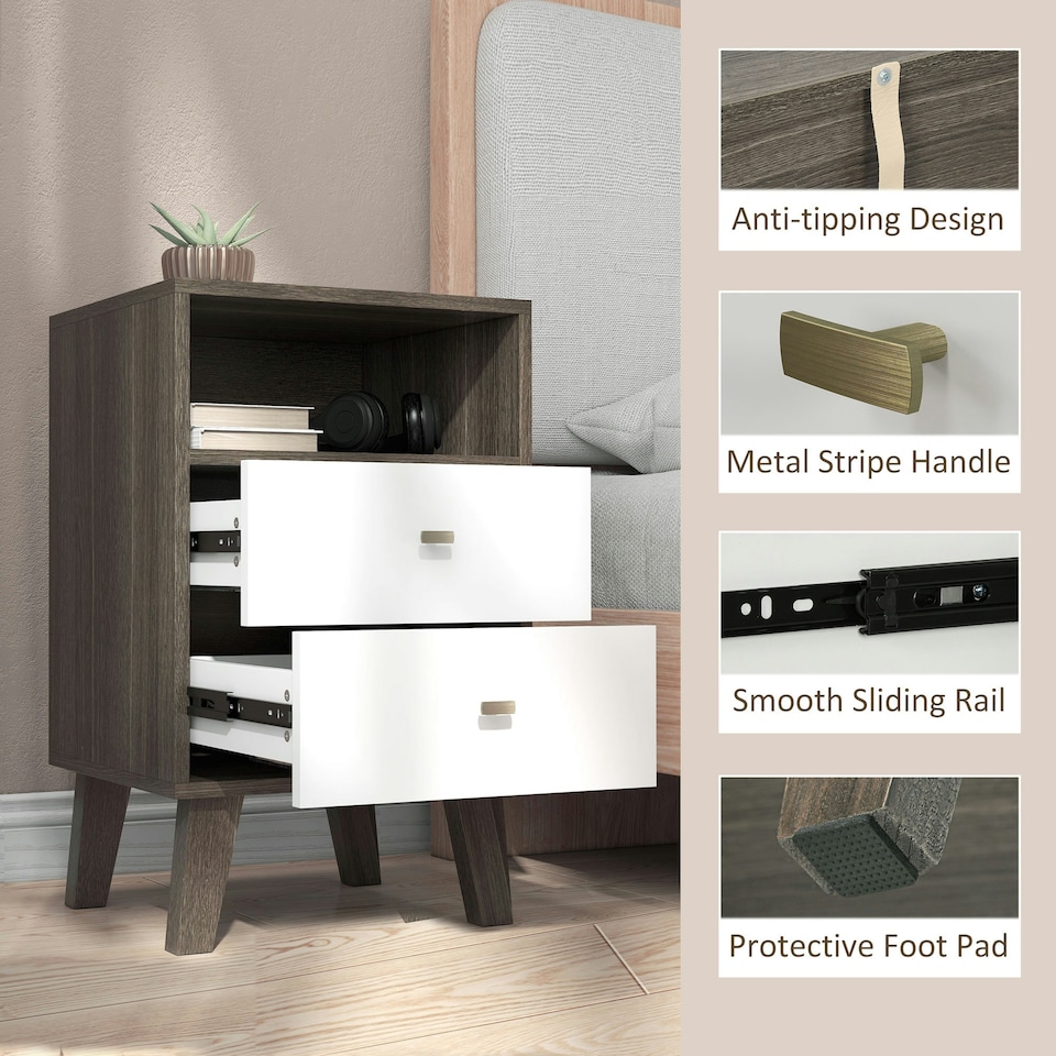 image 1 of HOMCOM Bedside Tables Set of 2, Modern Nightstand with 2 Drawers and Open Cubby