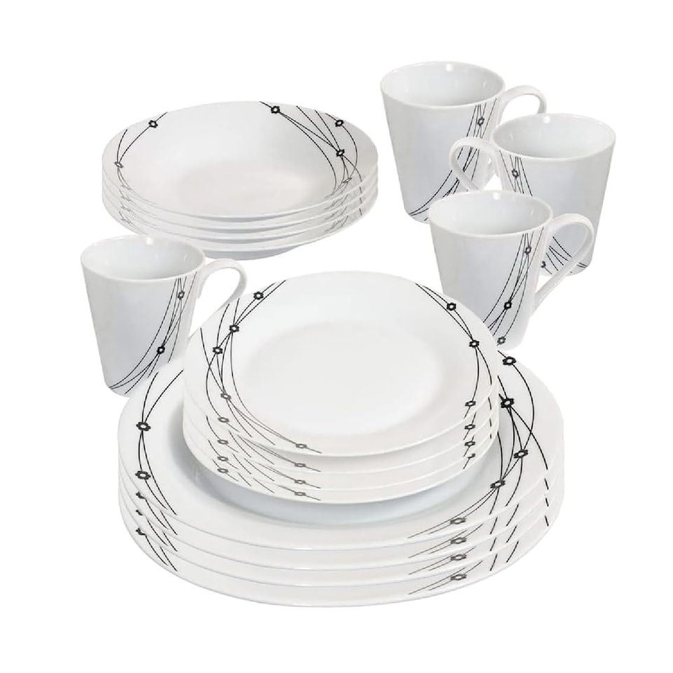 image 1 of 16pc Dinner Set Bowl Plate Mug Soup Side Dishes Porcelain Gift Kitchenware Black Pattern