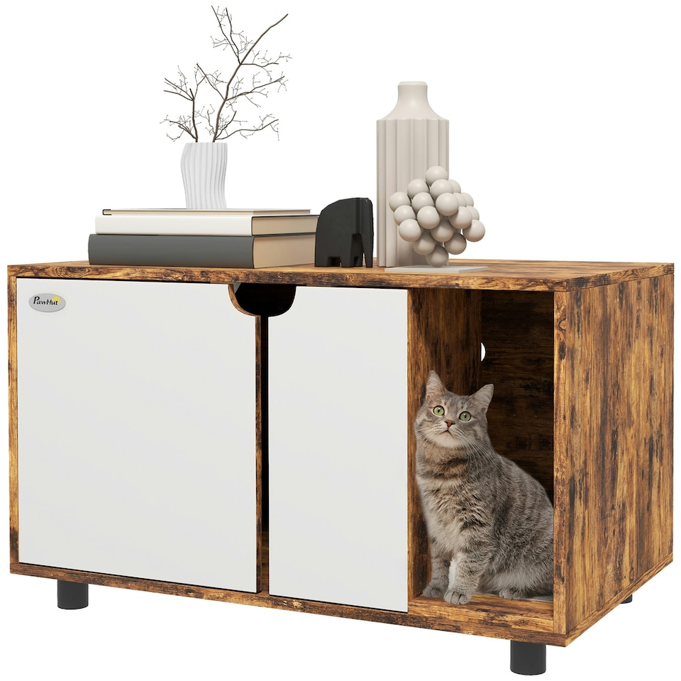 image 1 of PawHut Hidden Cat Litter Box Furniture w/ Sand Drain Pad - Rustic Brown