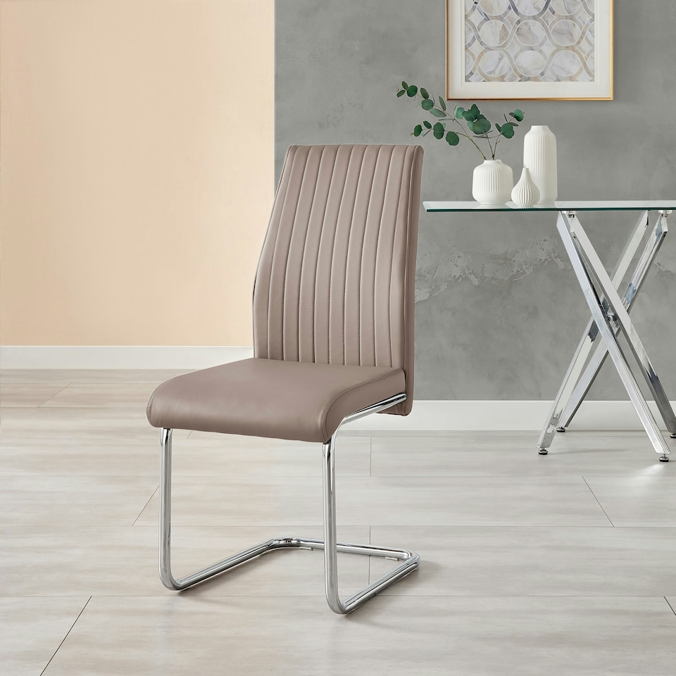 image 1 of Furniturebox 2x Lorenzo Cappuccino Beige Faux Leather Chrome Dining Chairs