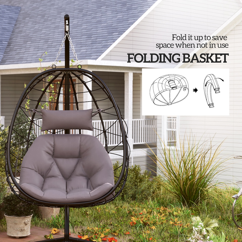 image 1 of Outsunny Garden Egg Chair Outdoor Hanging Swing Chair, Folding Basket, Grey