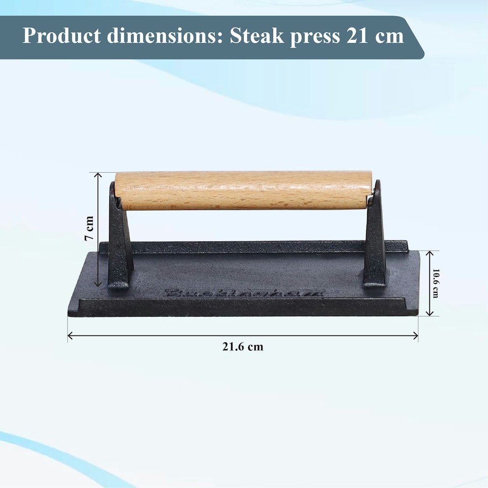 image 1 of Buckingham Pre-Seasoned Cast Iron Steak Becon Burger Press 21 cm , Wooden Handle