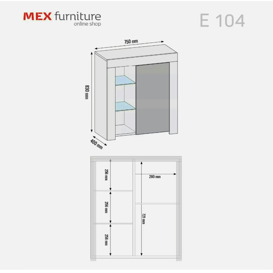 image 1 of Sideboard 75cm White Gloss Door White Matt Body Glass Shelves Free LED | White