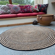 CHAKKAR DARK Stripe Round Rug Braided in Beige Black - Jute - L120 x W120 - Beige/Black Black