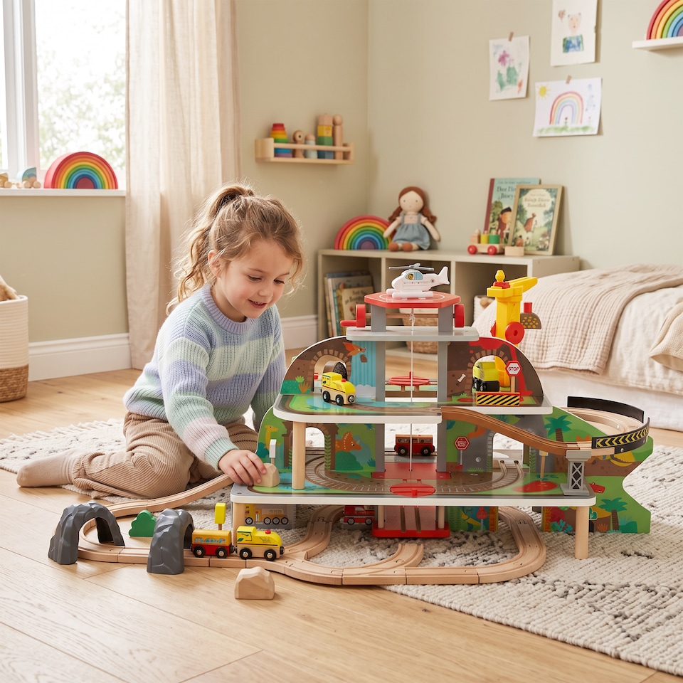 image 1 of AIYAPLAY Wooden Train Set, 79 Piece Train Track Mine Themed for 3+ Years
