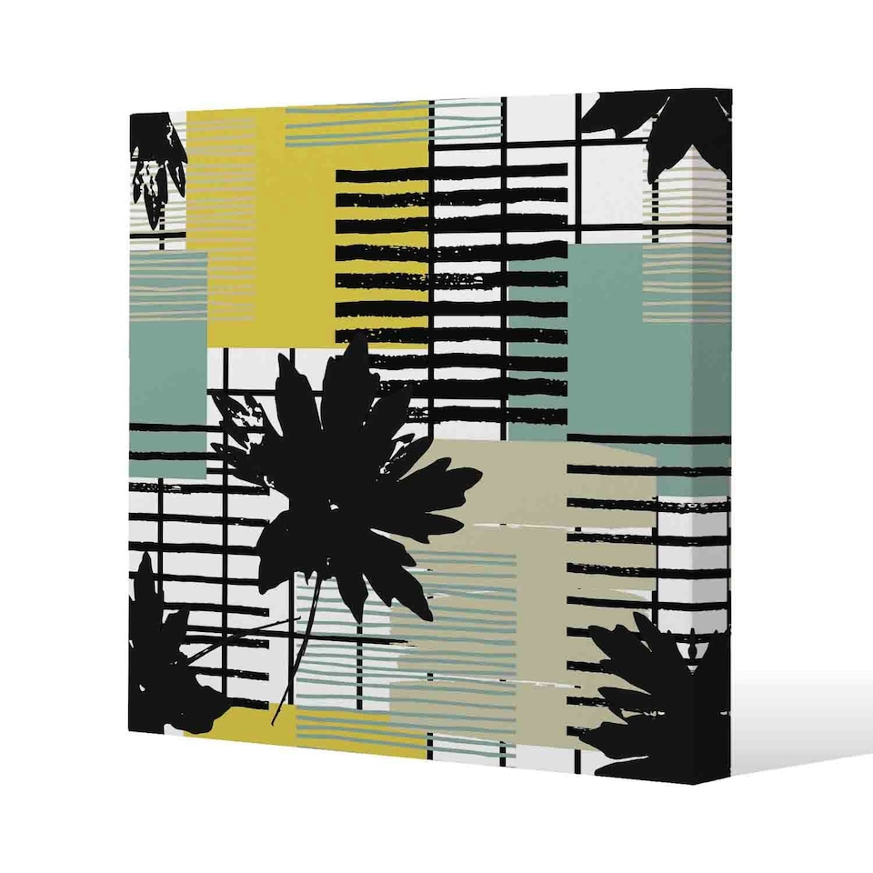 image 1 of Geometric Shape & Leaf Print in Yellow & Green (Canvas Print) 127 x 127 x 4cm