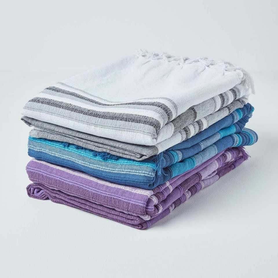 image 1 of Homescapes Cotton Morocco Striped Blue Throw - 255 x 360 cm | Blue