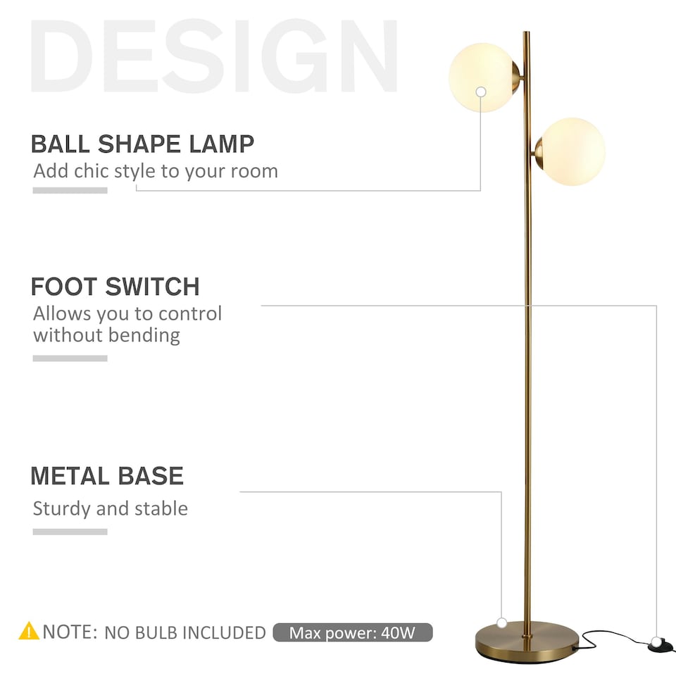 image 1 of HOMCOM 2 Glass Shade Floor Lamp Metal Pole Modern Decorative Floor Switch Gold