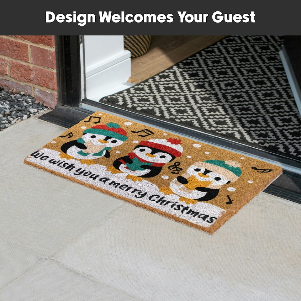 image 1 of JVL Festive Christmas Coir Doormat with Latex Back 40x58cm, Penguins