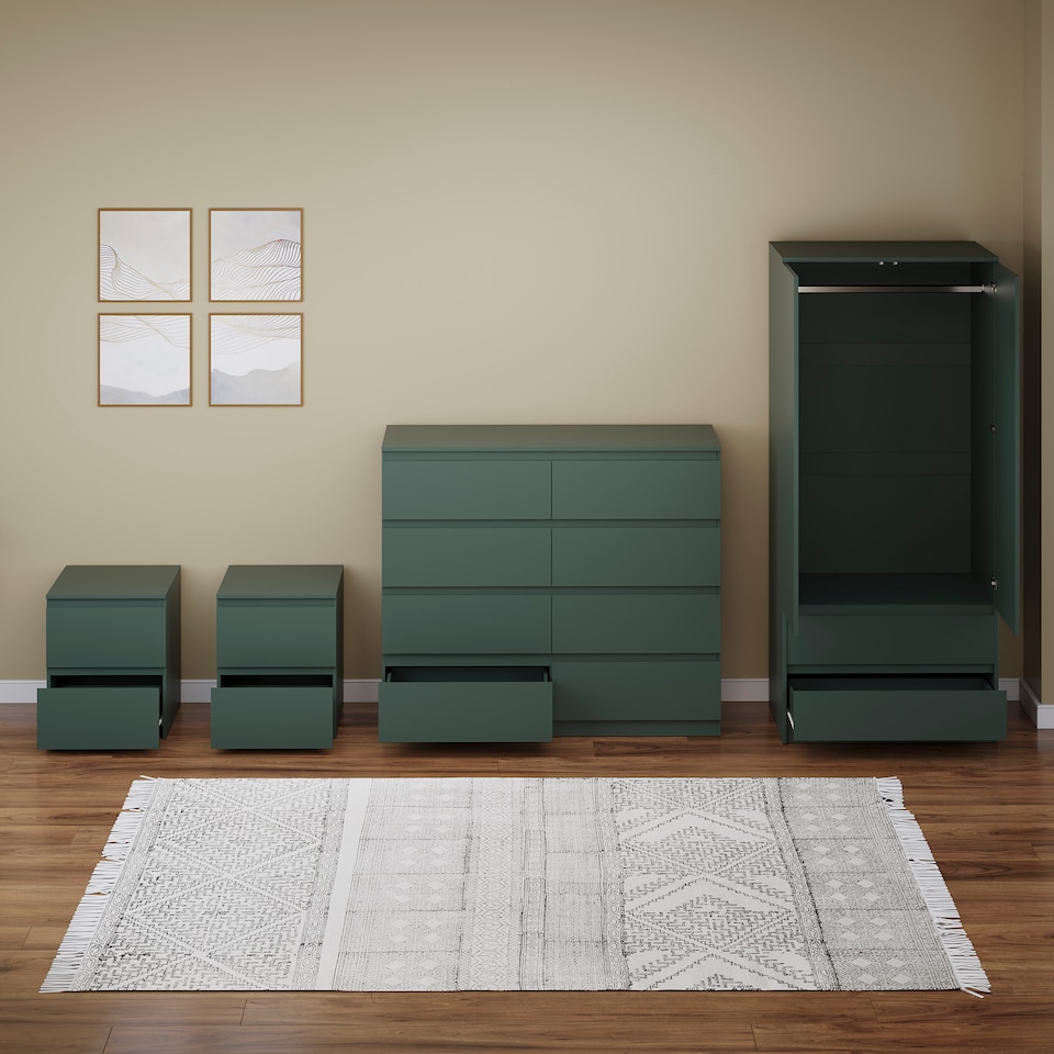 image 1 of Vida Designs Denver 4 Piece Bedroom Set (2 Drawer Large Bedside Chest, 8 Drawer Chest, 2 Door 2 Drawer Wardrobe), Green | Green | Green | L | 4