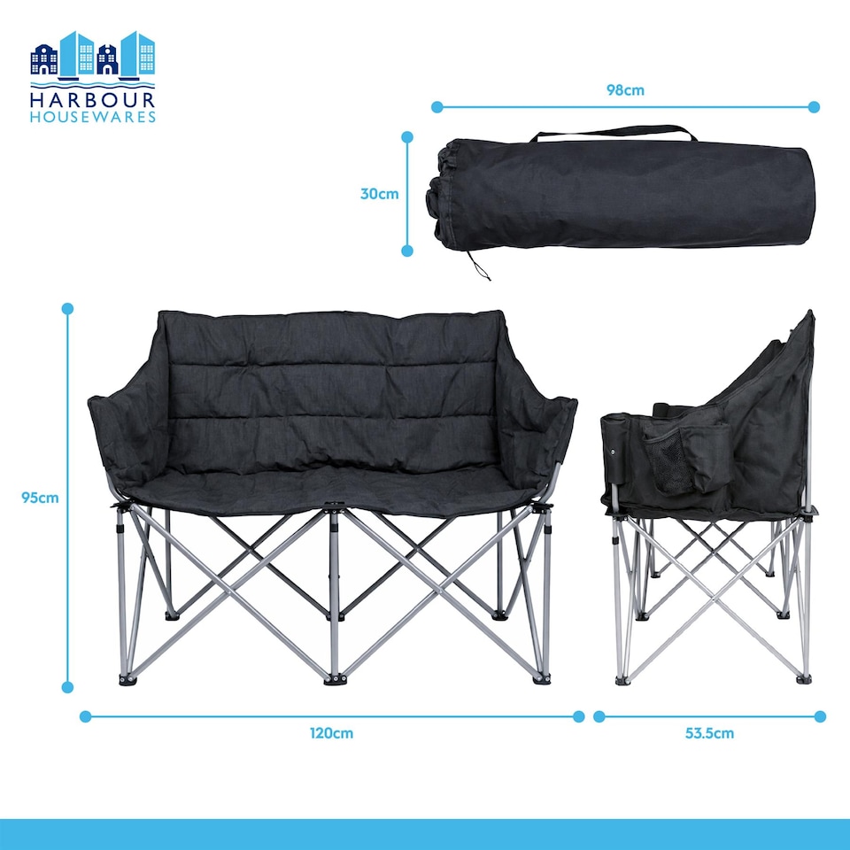 image 1 of Harbour Housewares Double Camping Chair - Grey - 2x Folding Padded 2 Seater Outdoor Garden Beach Fishing Picnic Seat Carry Bag
