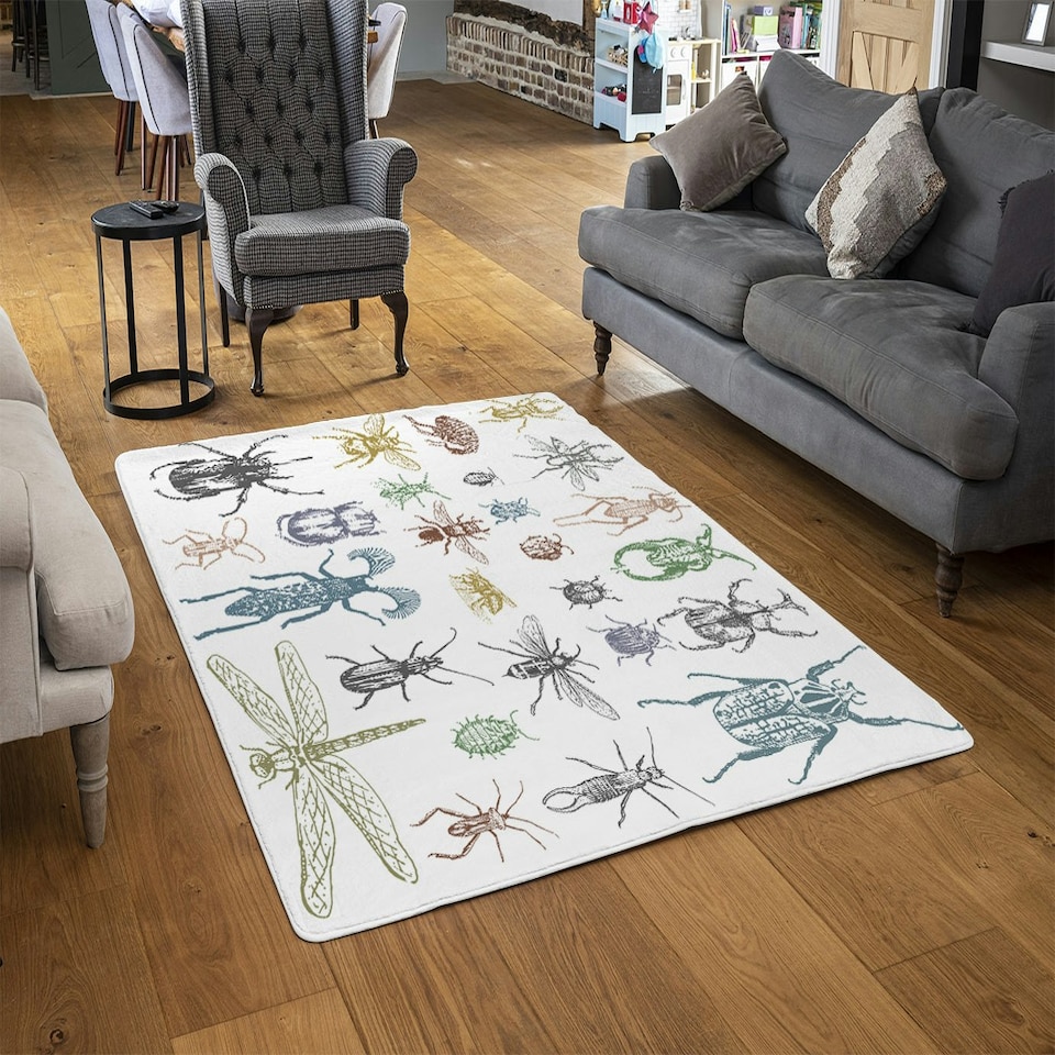 image 1 of big set of insects bugs beetles and bees many species in vintage old hand drawn style (Rug) Multi | S