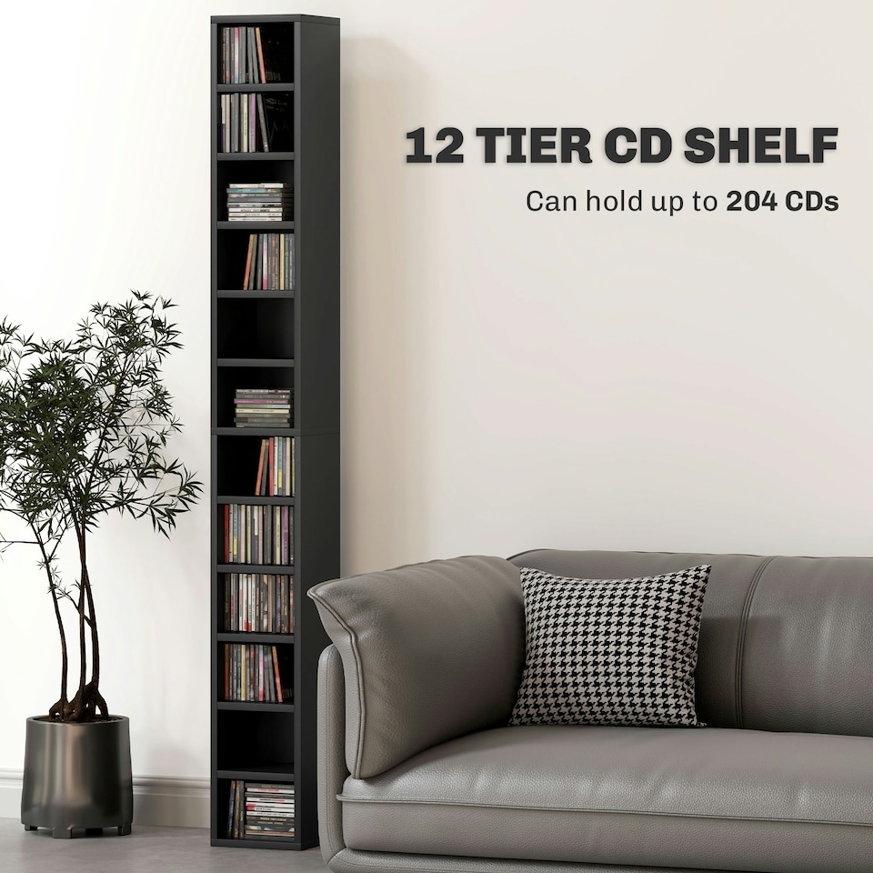 image 1 of HOMCOM 204 CD Storage Tower Tall Bookcase Bookshelf with 12 Cubes