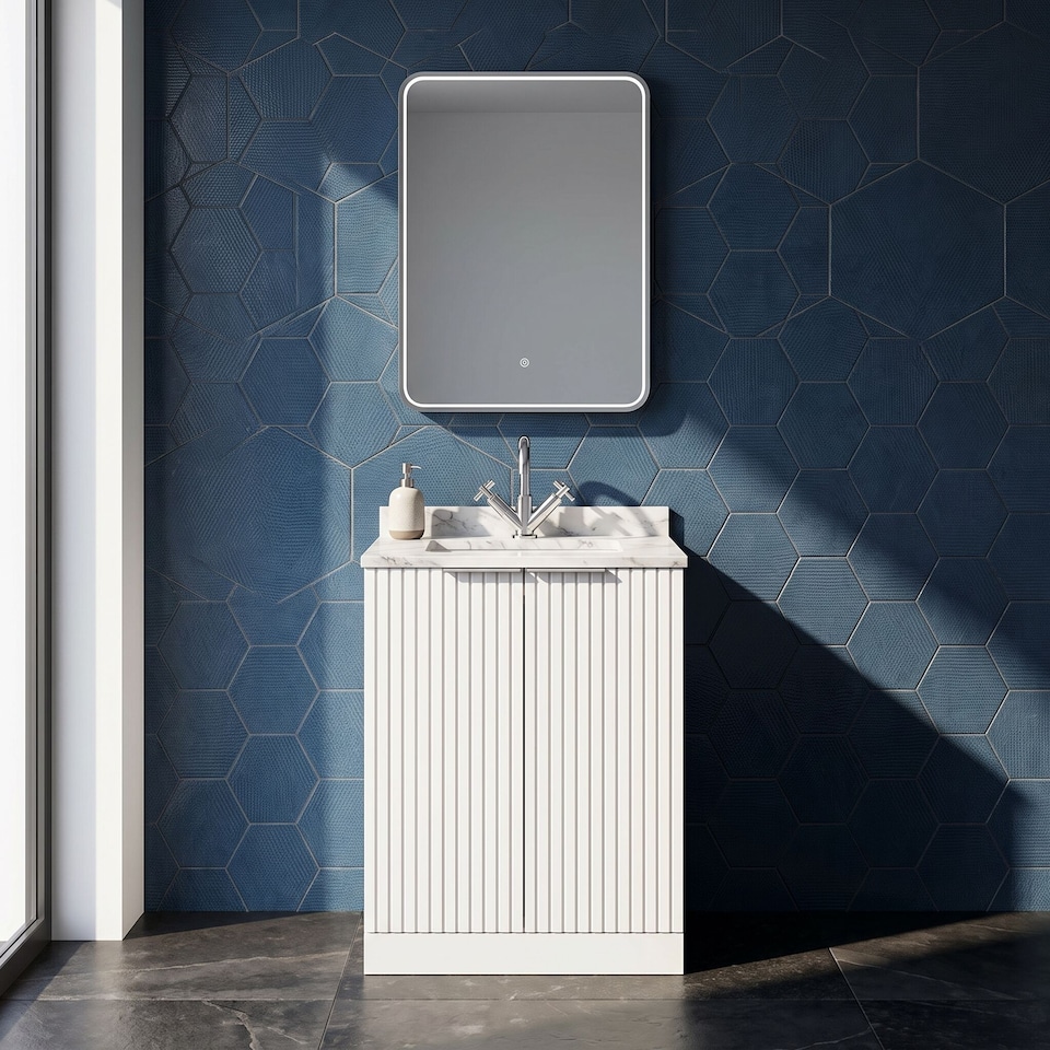 image 1 of Balterley Callingwood Contemporary Floor Standing 2 Door Vanity Unit with Marble Worktop with Basin , 600mm, Matt White